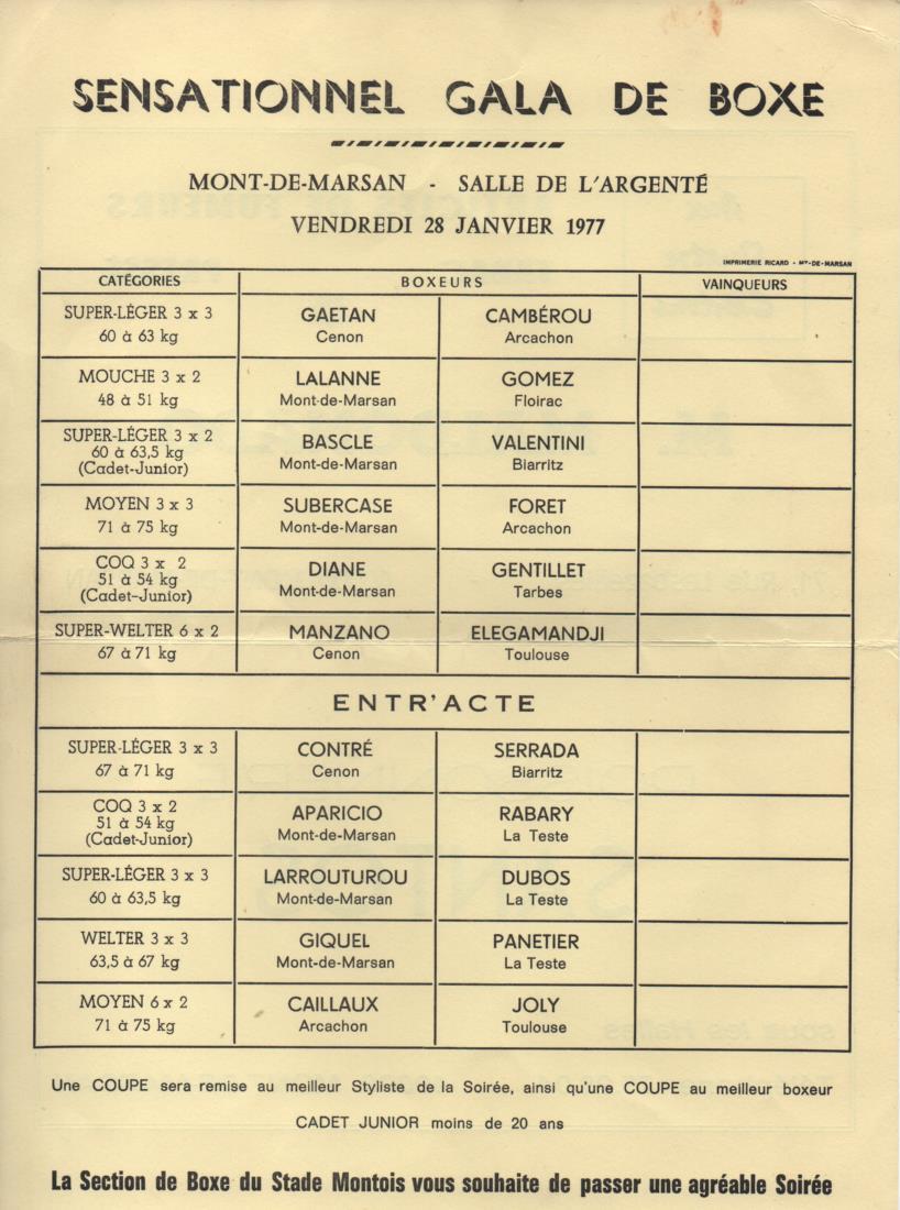 Gala de boxe - Mont-de-Marsan - 28 janvier 1977
